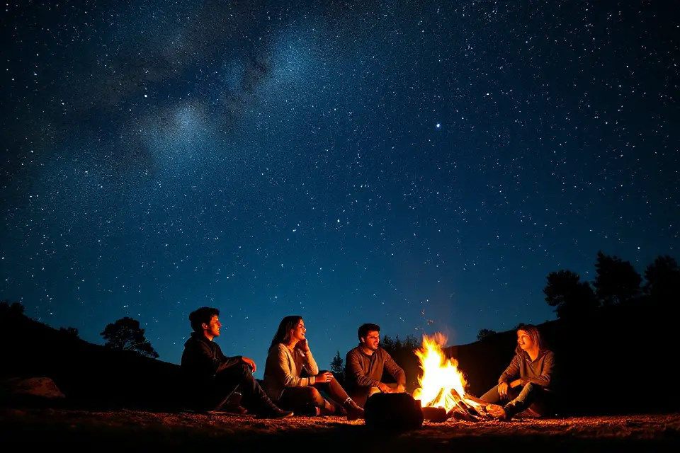 friends around campfire stargazing