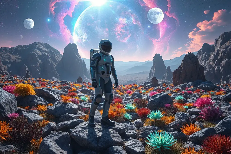 futuristic astronaut on alien planet