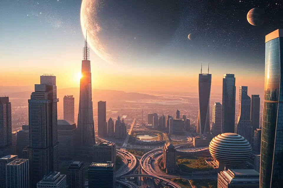 futuristic dawn cityscape colonization