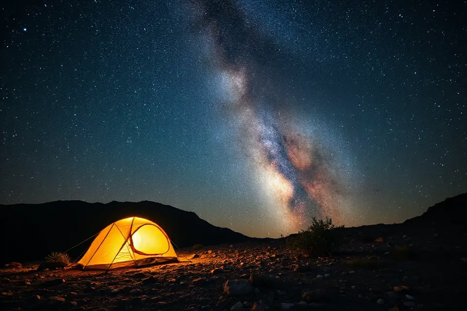 glowing tent under stars