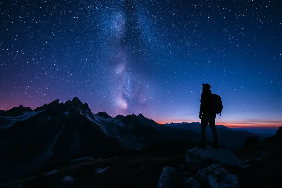 hiker silhouette starry mountains