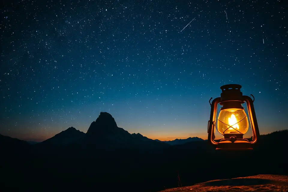 lantern illuminating starry mountains