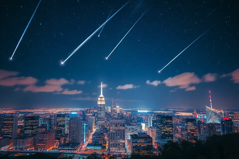 meteor shower city skyline