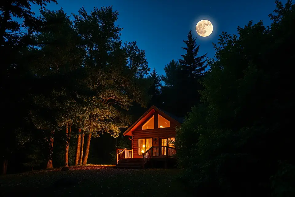 moonlit cabin forest scene