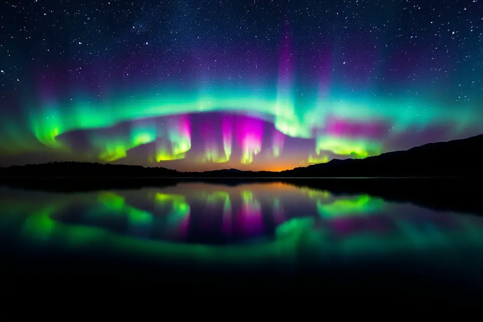 northern lights lake reflection