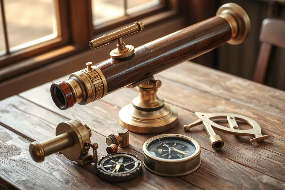 nostalgic telescope wooden table
