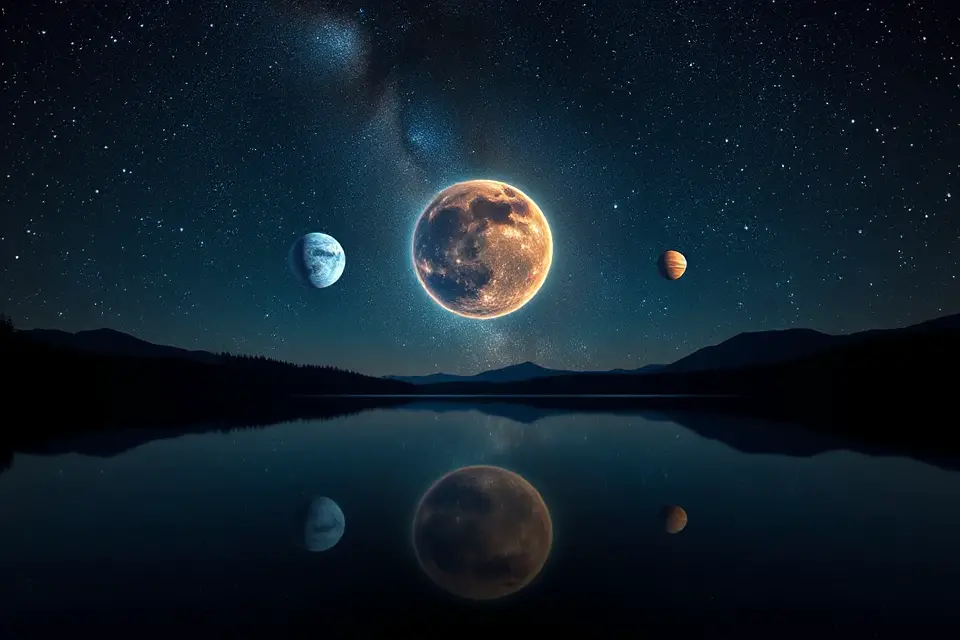 planets aligning over lake