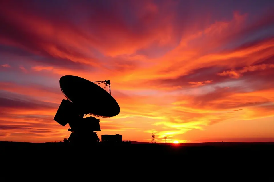 radio telescope sunset silhouette