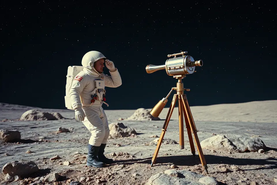 retro astronaut with telescope