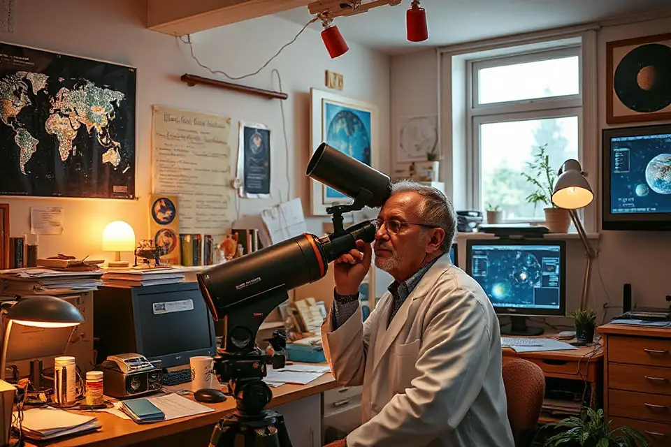 scientist observing through telescope