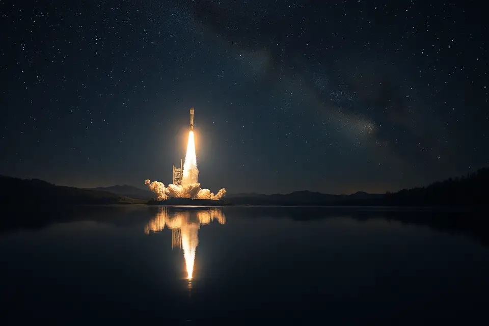 serene rocket trail reflection