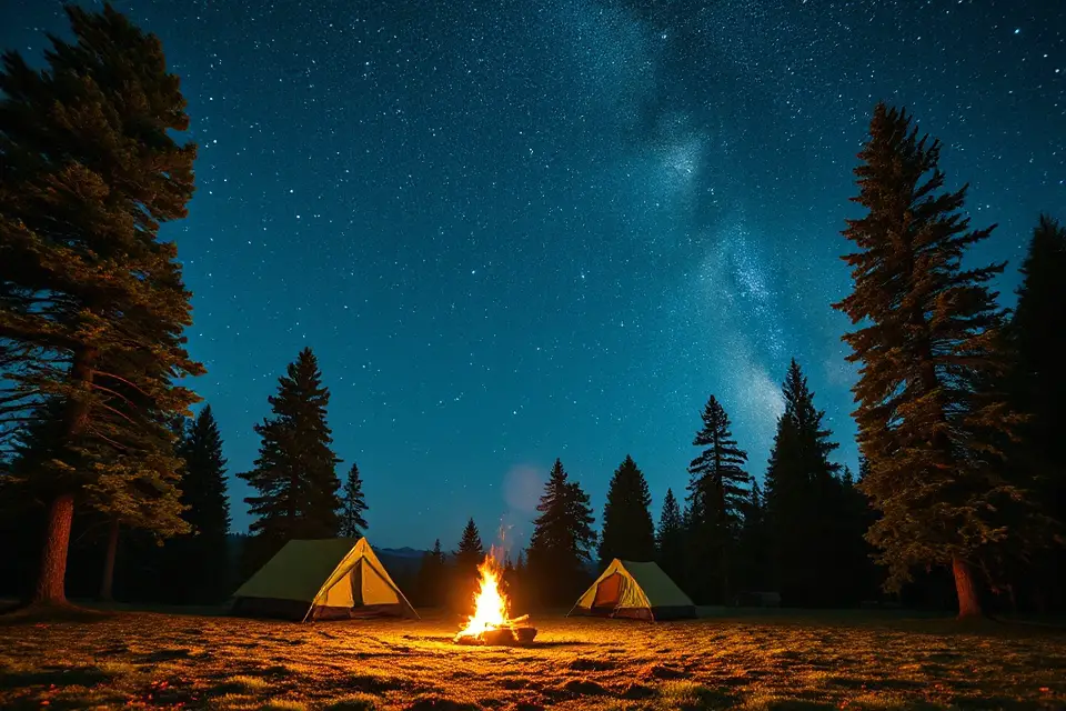 starlit camping fire scene