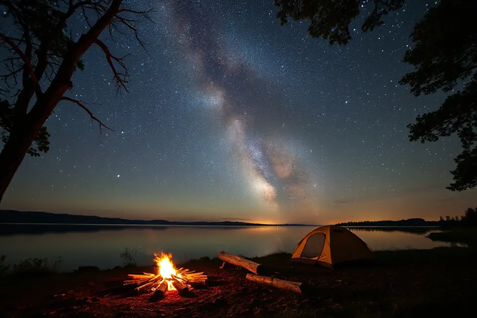 starry night lake camping