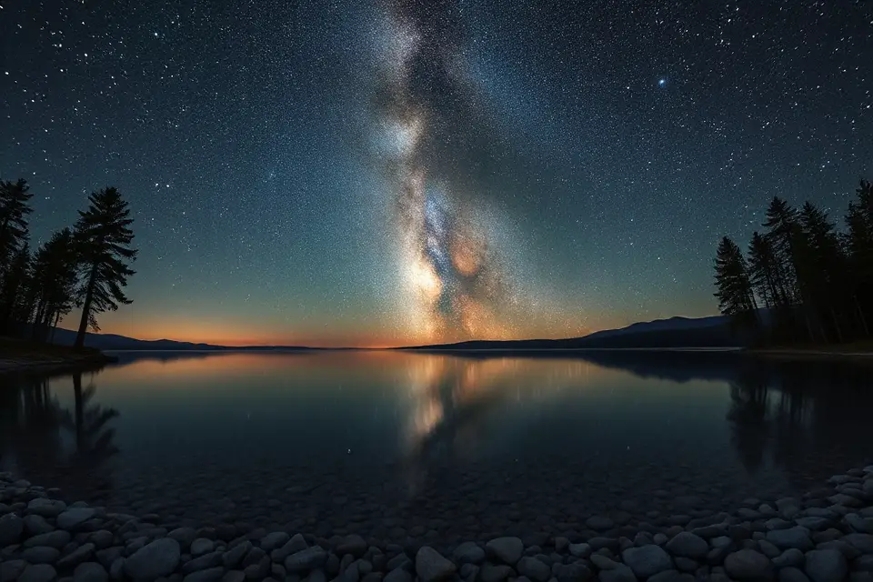 starry sky lake reflection