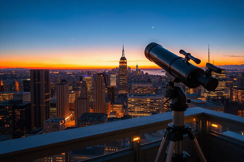 telescope against city skyline