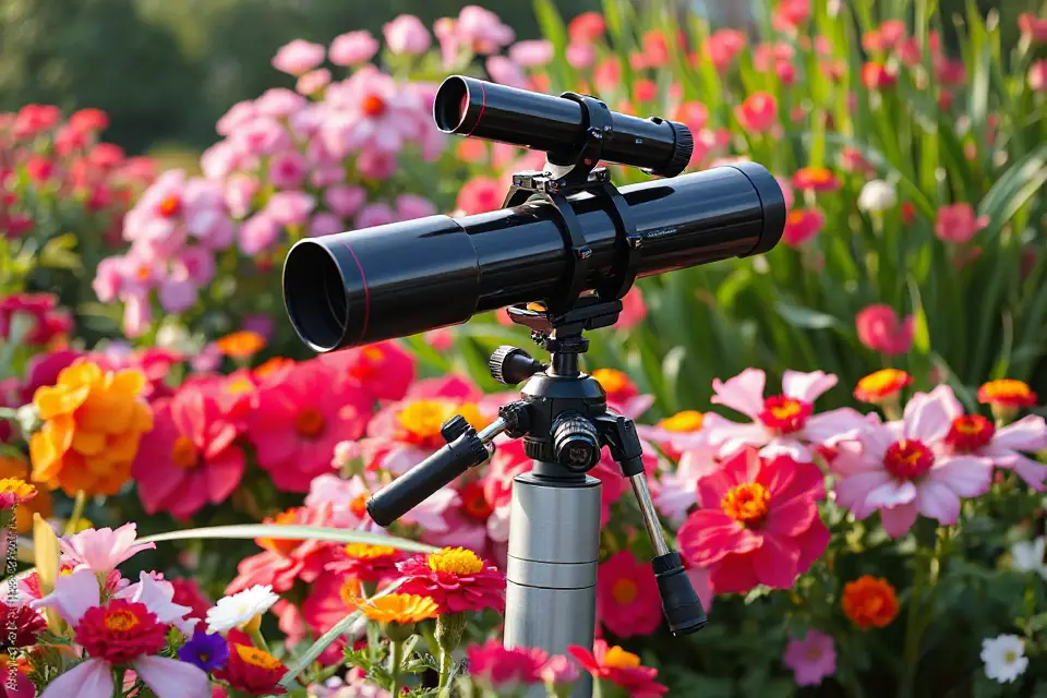 telescope amidst colorful flowers
