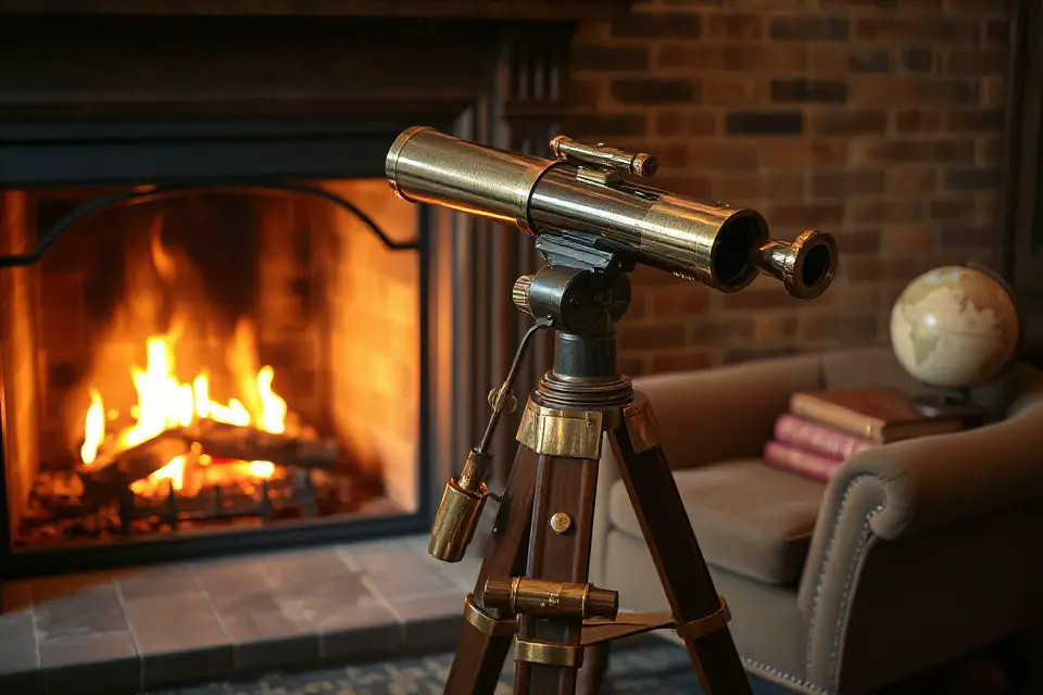 telescope by fireplace warmth