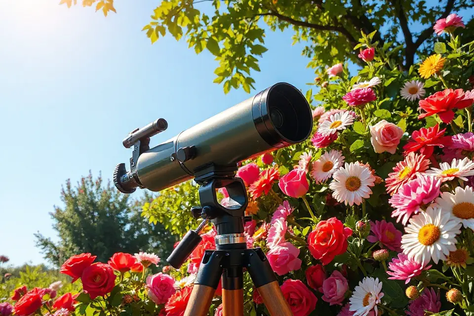 telescope in blooming garden