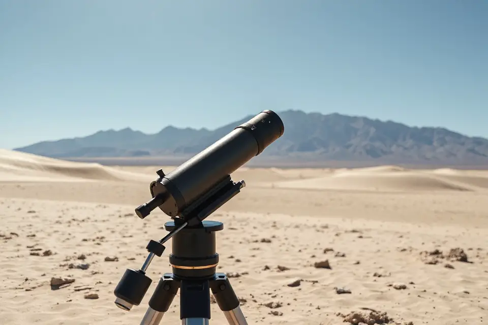 telescope overlooking desert mountains