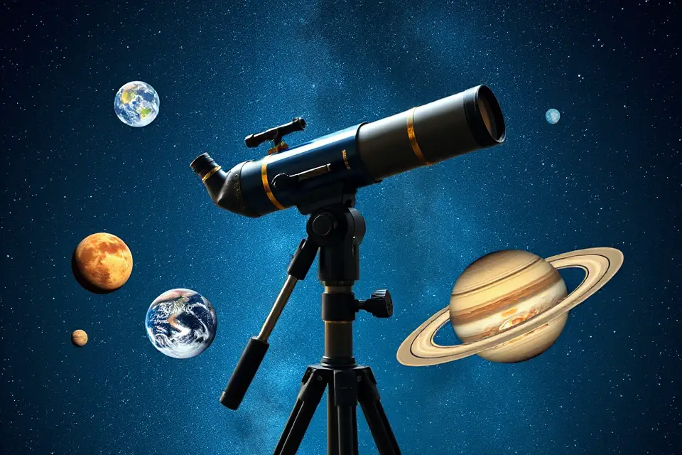 telescope with illustrated planets