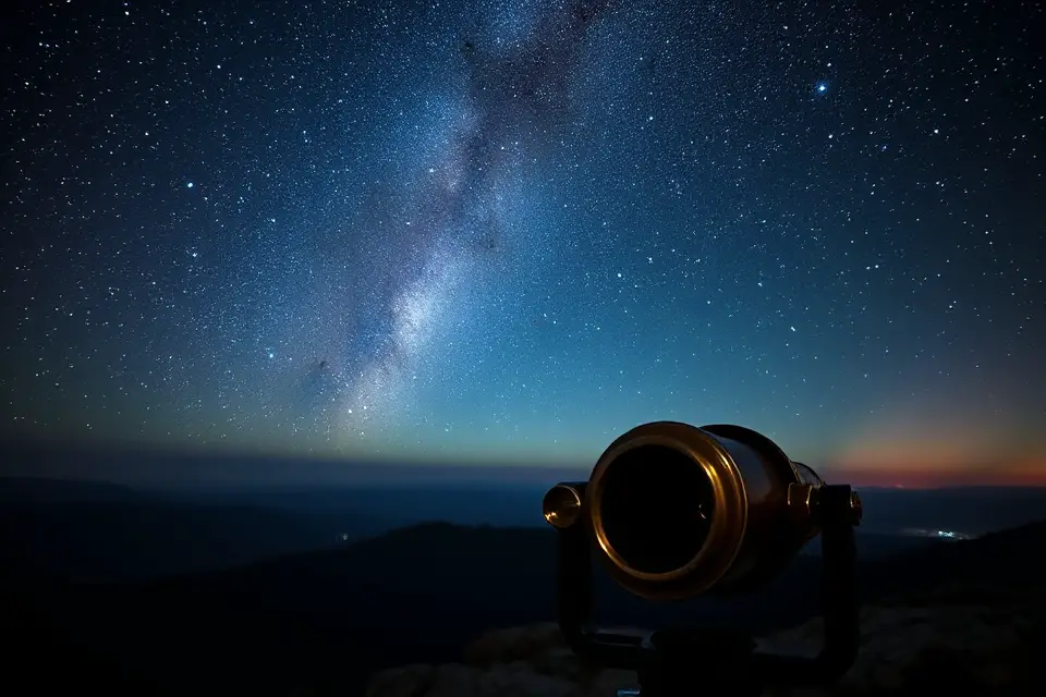 vintage telescope in cosmos