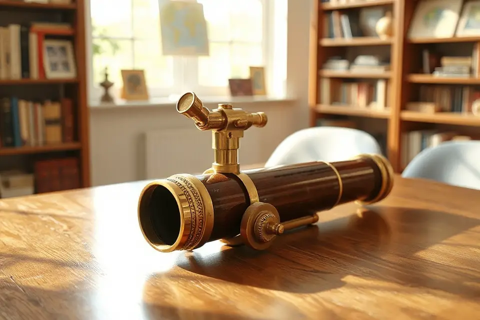 vintage telescope wooden table
