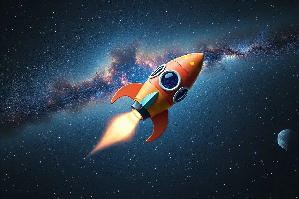 whimsical rocket in space