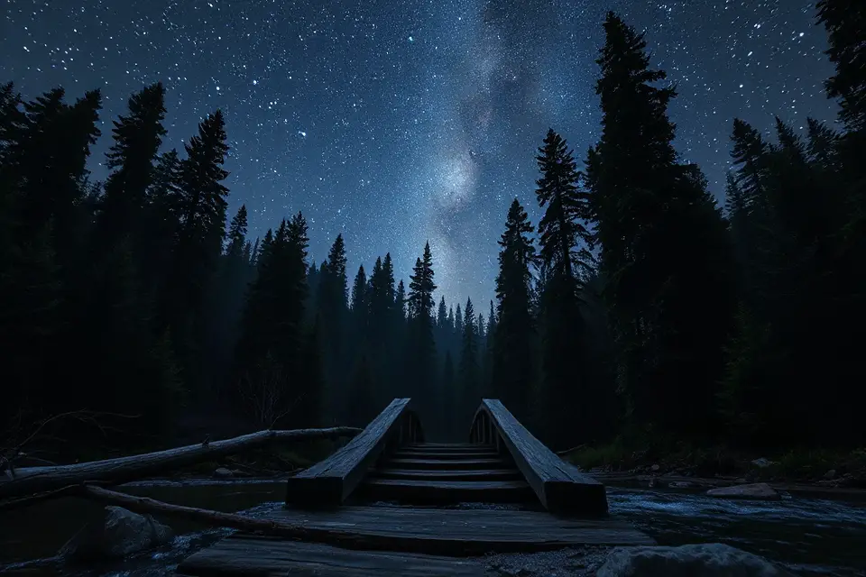 wooden bridge under stars